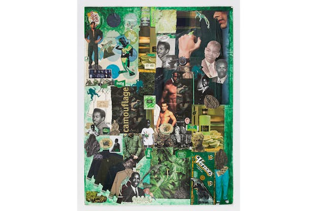 A collage of images of men, flora and drinks most in green coloring, creating a monochromatic image.