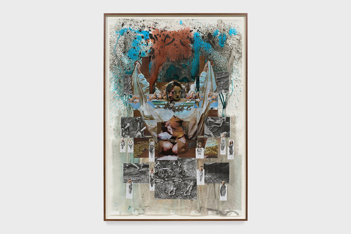 A collage depicting in its center a kneeling figure with wings. Splashes of red and blue are found on the top while the bottom holds small figure cut outs.