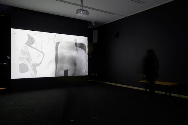 A black and white projection is shown in a dark installation space with one person standing on the side of the room.