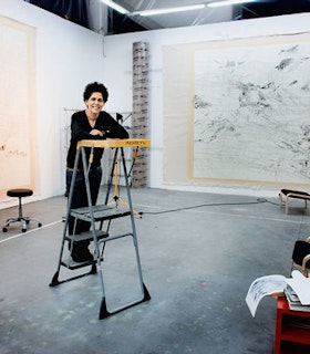 Julie Mehretu is pictures leaning on a ladder in her studio. She wears all black and has short black hair. Two large pieces of paper with sketches on them are hung on the white walls behind her.
