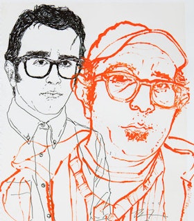 Two drawings of Ruben Ortiz Torres (one in black and one in orange) are overlayed on a white background. The orange drawing is bigger and in the foreground and the black drawing is slightly smaller and to the left of the ornage drawing. The drawings overlap. In the orange drawing, Ruben Ortiz Torres is shown wearing a baseball cap, a t-shirt, a v-neck sweater, an unzipped jacket, and glasses. He is shown with short hair and a small beard. In the black drawing, Ruiben Ortiz Torres is shown wearing a button down shirt and the same glasses. However his hair is sleeker and he has no facial hair. In both images, he has a serene expression. 
