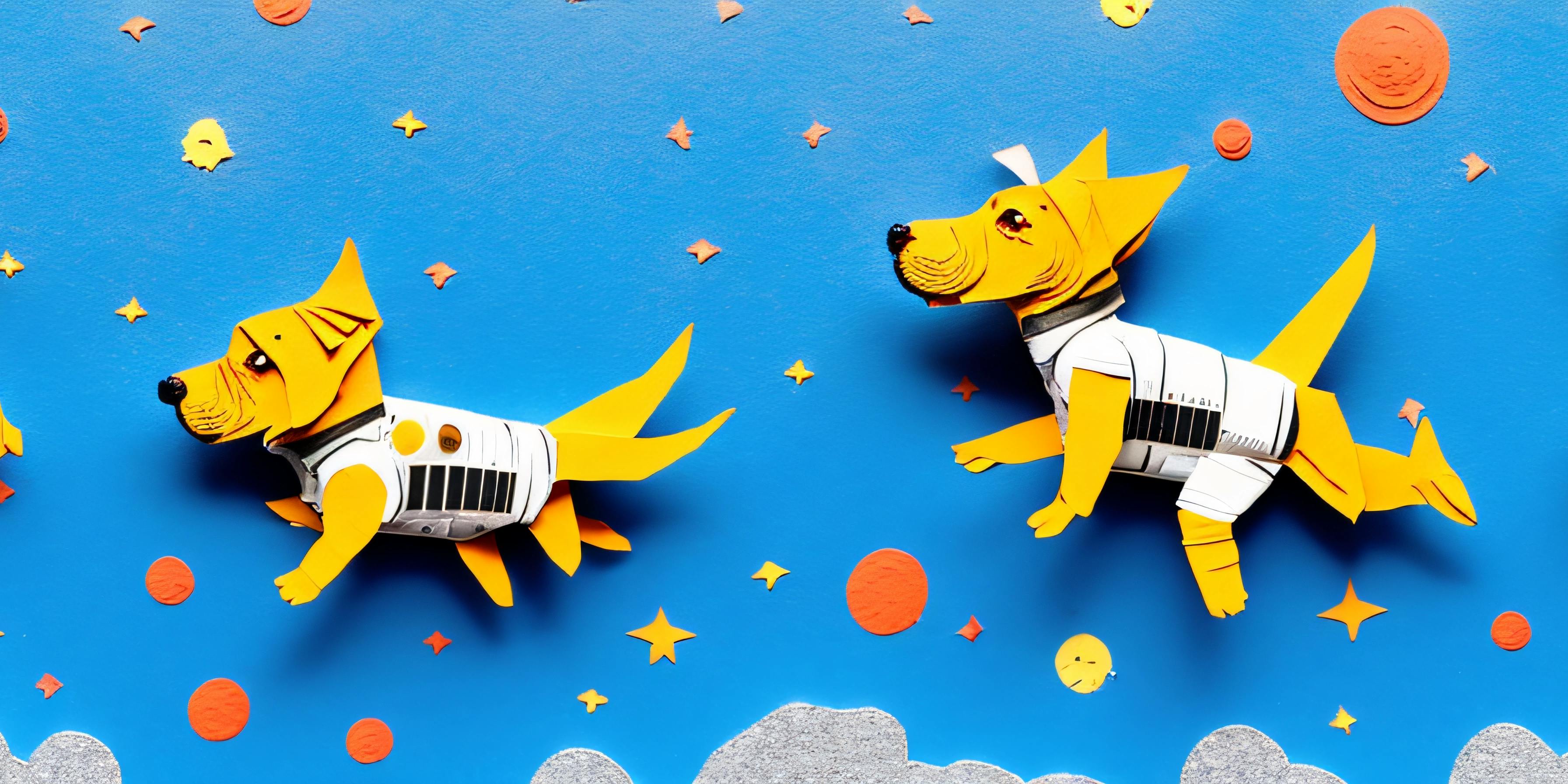 Papercut pit bulls waring space suits flying and playing fetch