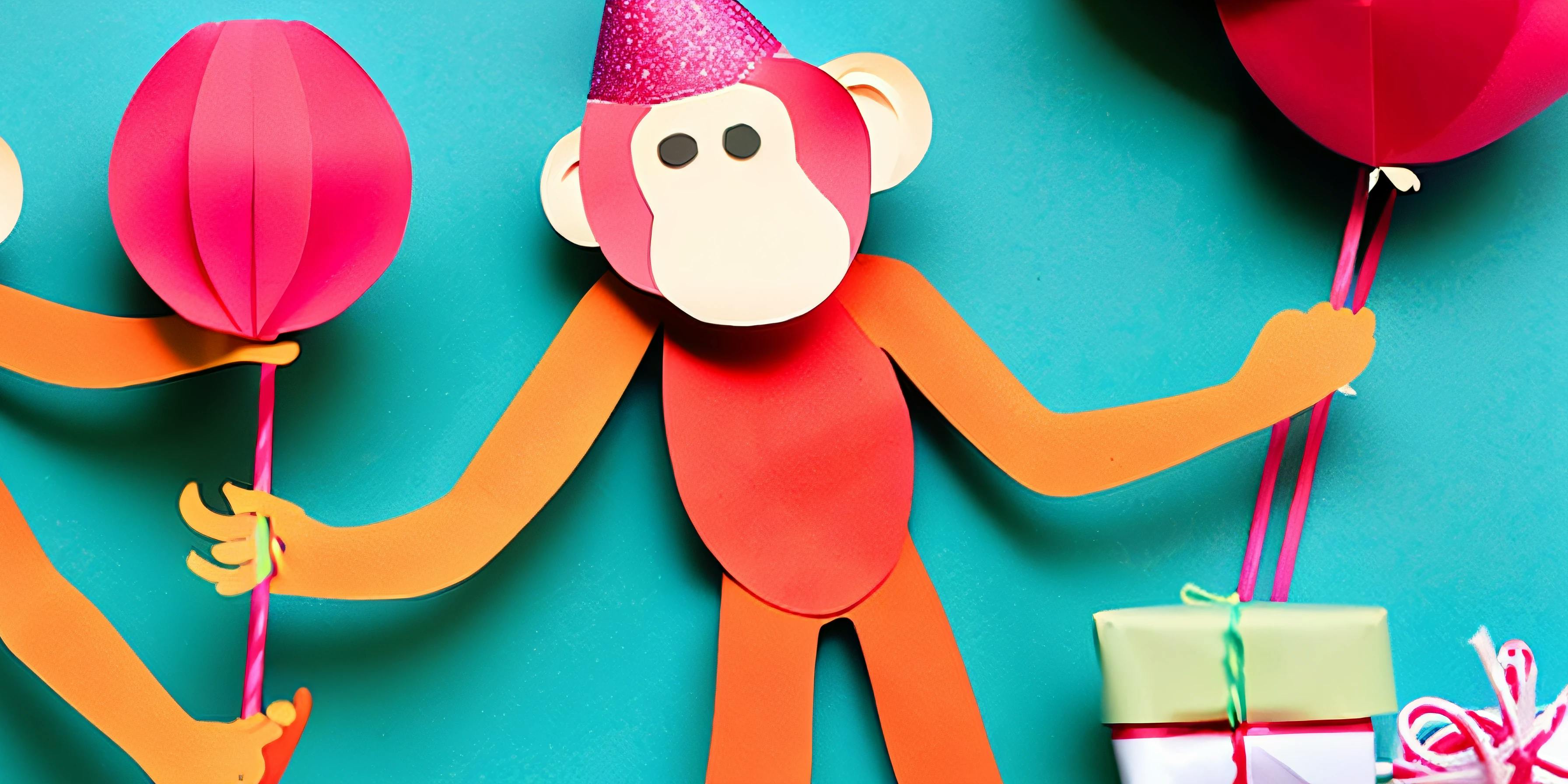 Papercut monkeys in birthday outfits holding baloons