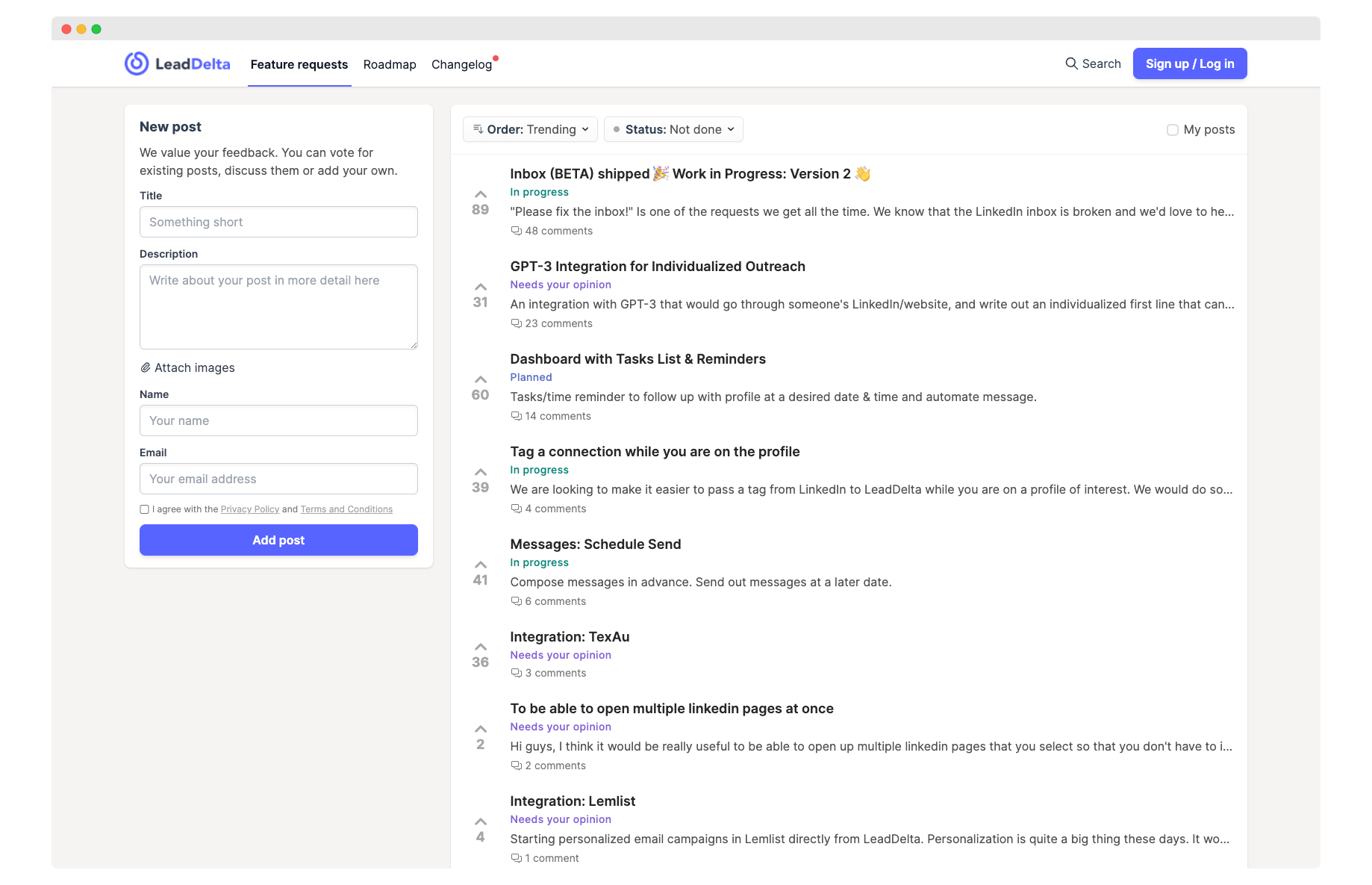 LeadDelata collects feedback and ideas from customers in a centralized board with FeedBear