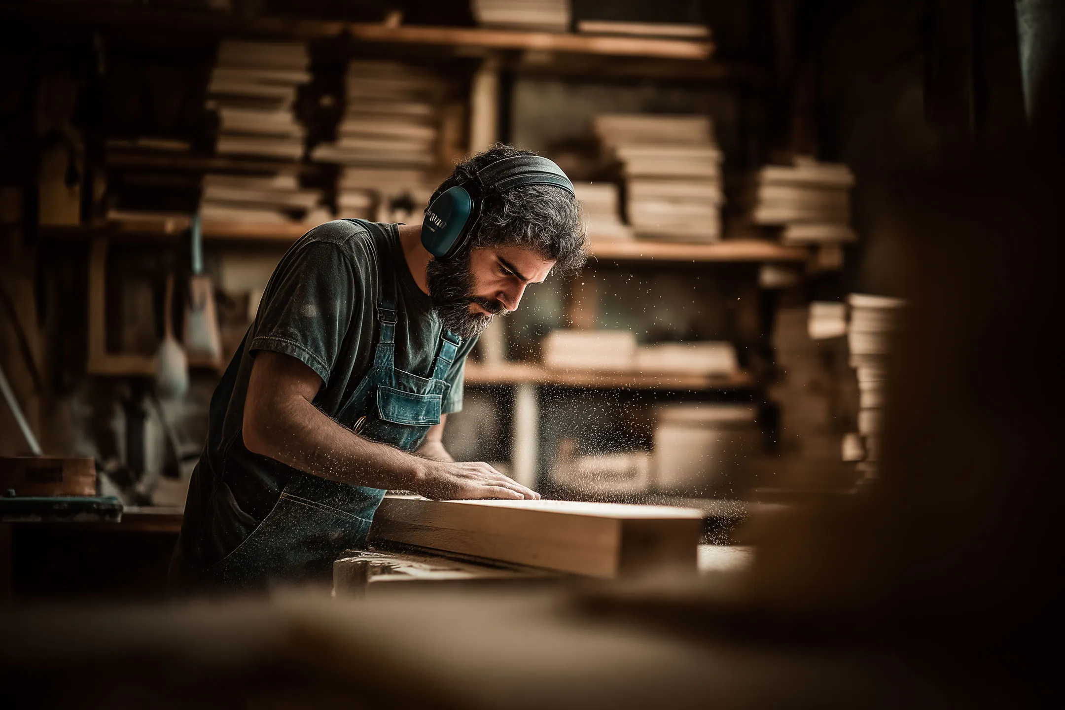 Möbelschreiner bei der Arbeit in seiner Manufaktur