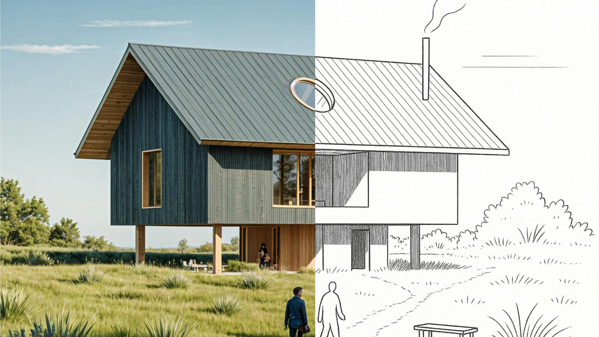Before and After Image of A home in the countryside rendered in Fenestra from a sketch