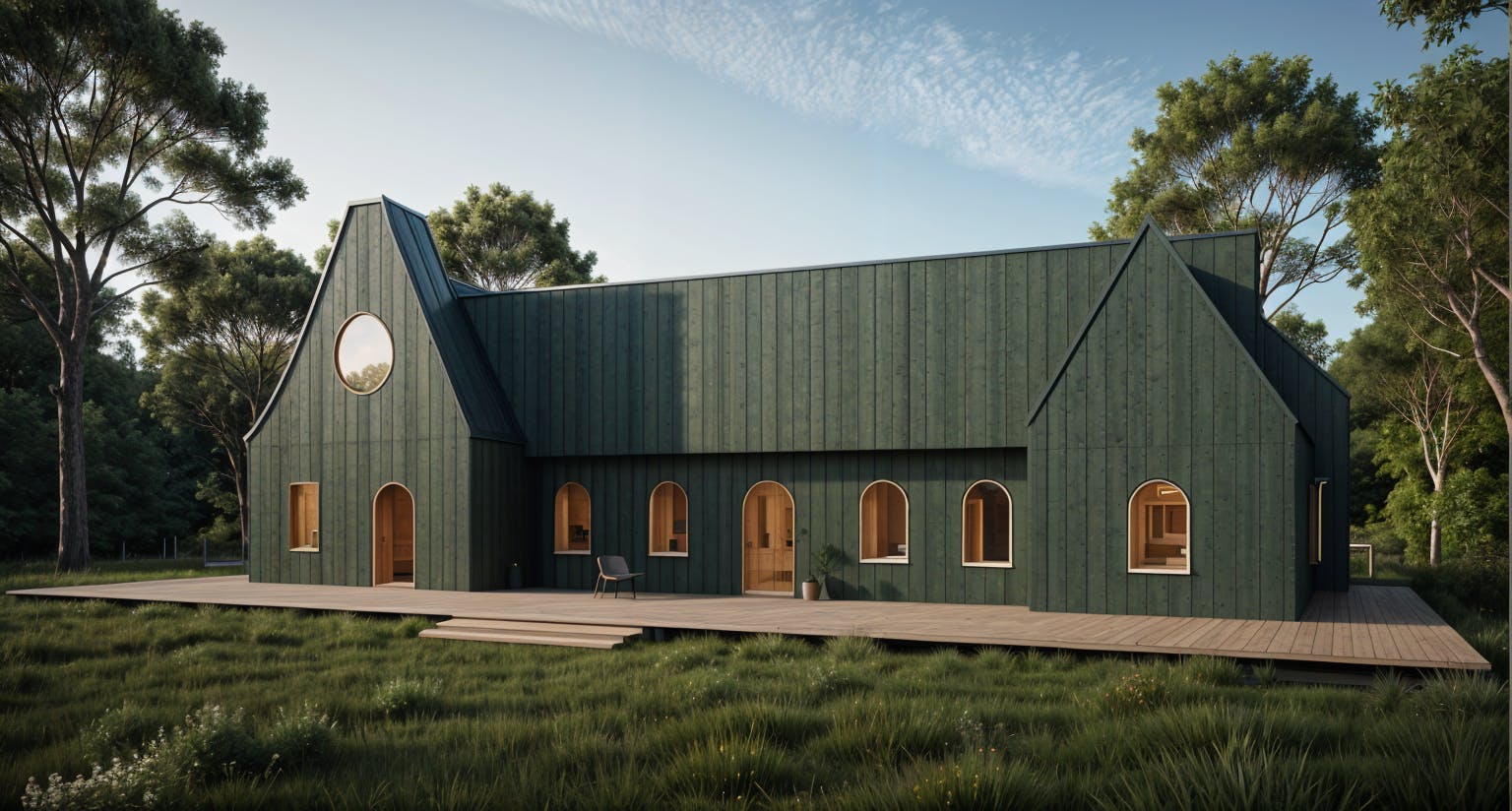 Perspective Architecture Rendering of a Modern Bespoke Green Timber Home In The Forest