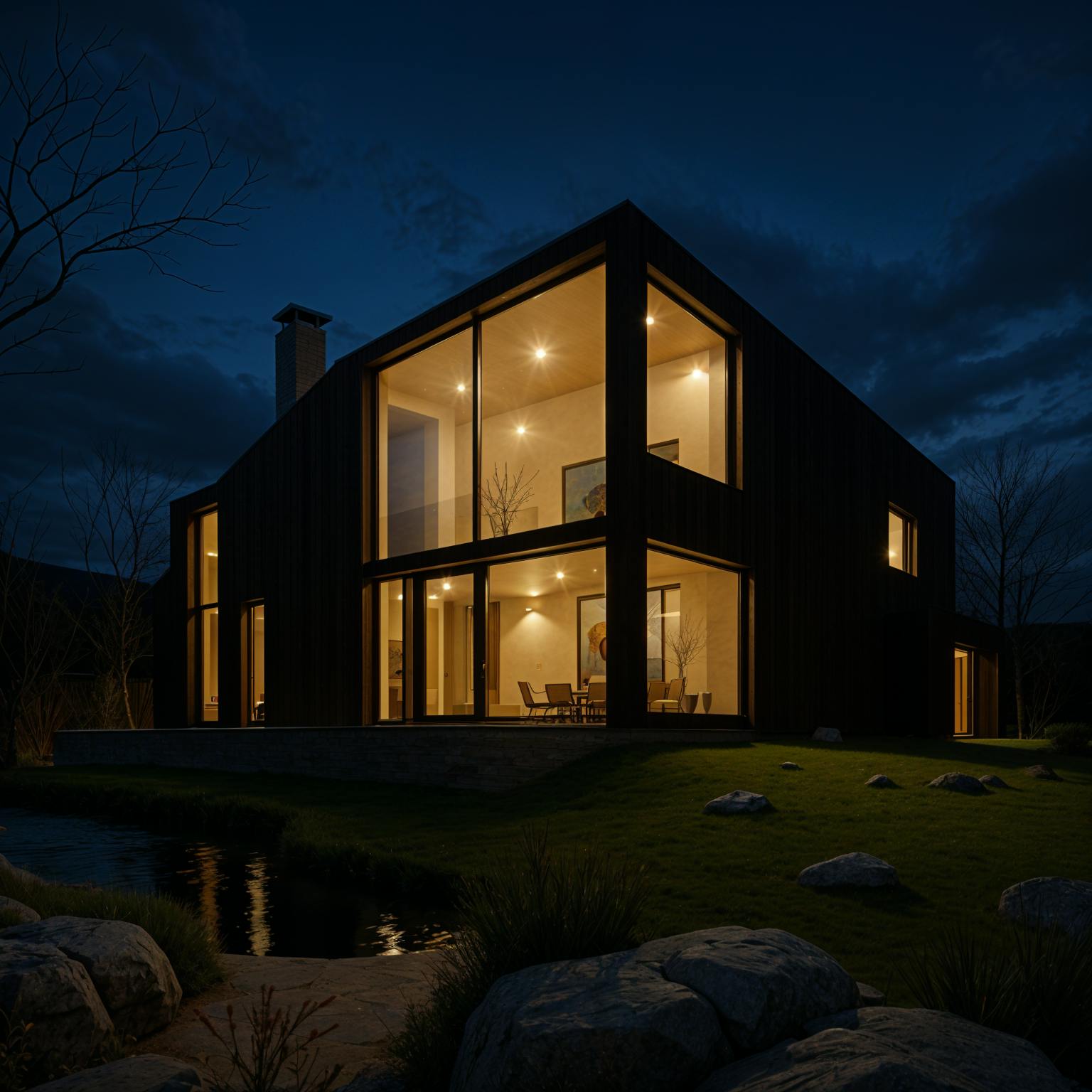 dark timber architecture in the evening lights on inside fenestra ai 