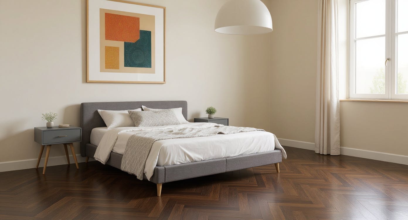 A Modern dark timber floor interior. Stage 1