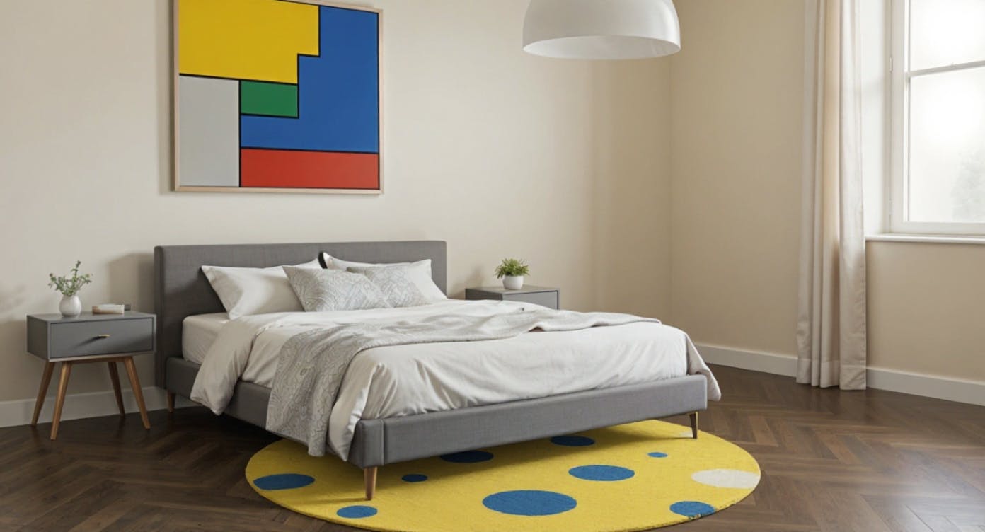 Make the rug yellow and blue polka dot
