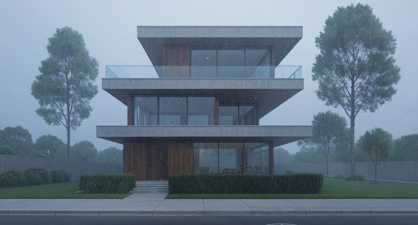 modern villa foggy rainy day fenestra