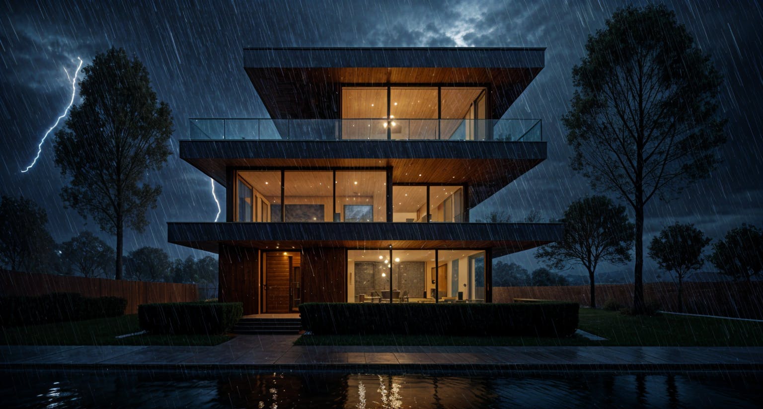 modern villa storm, raining 