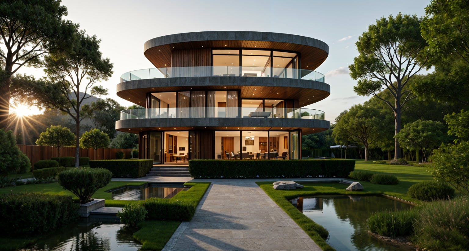 “Add a geometric landscape design with water features”