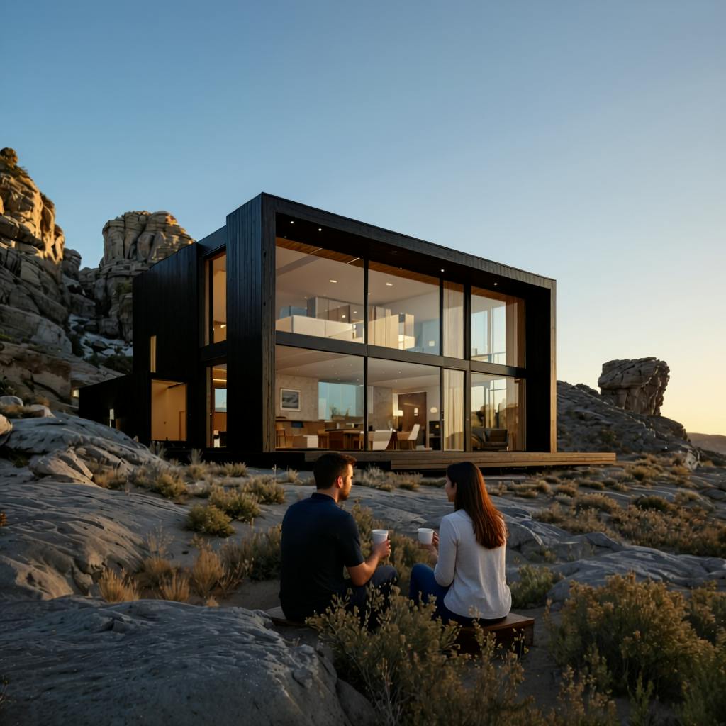 couple sipping coffee outside modern timber glass home 