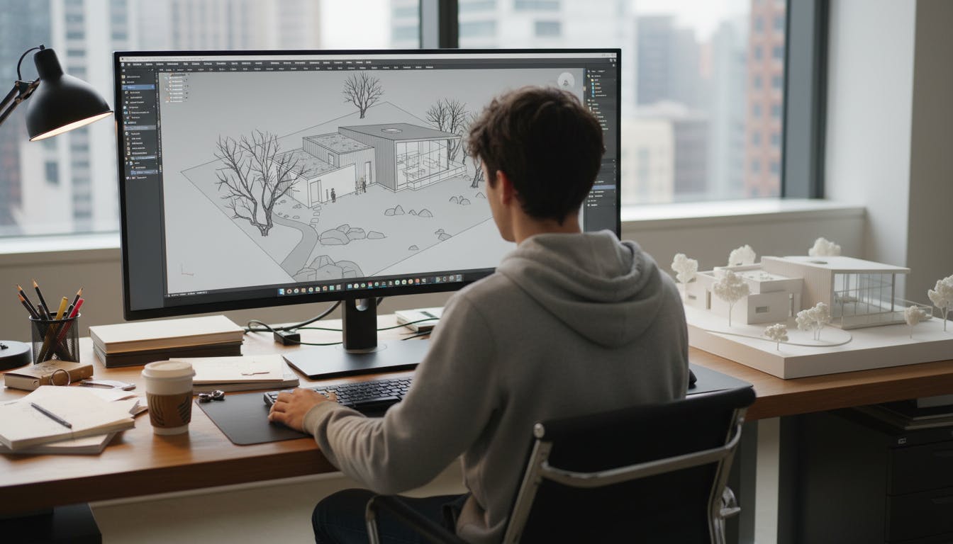 Architecture Interior office, man sitting at desk architecture model on right Nano Banana