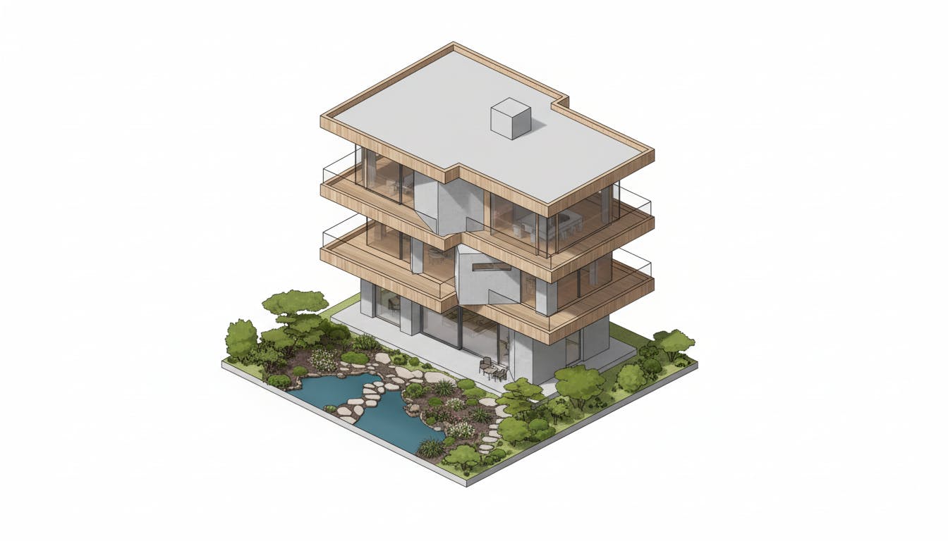 architectural axonometric illustration of 3 storey project on a white background 
