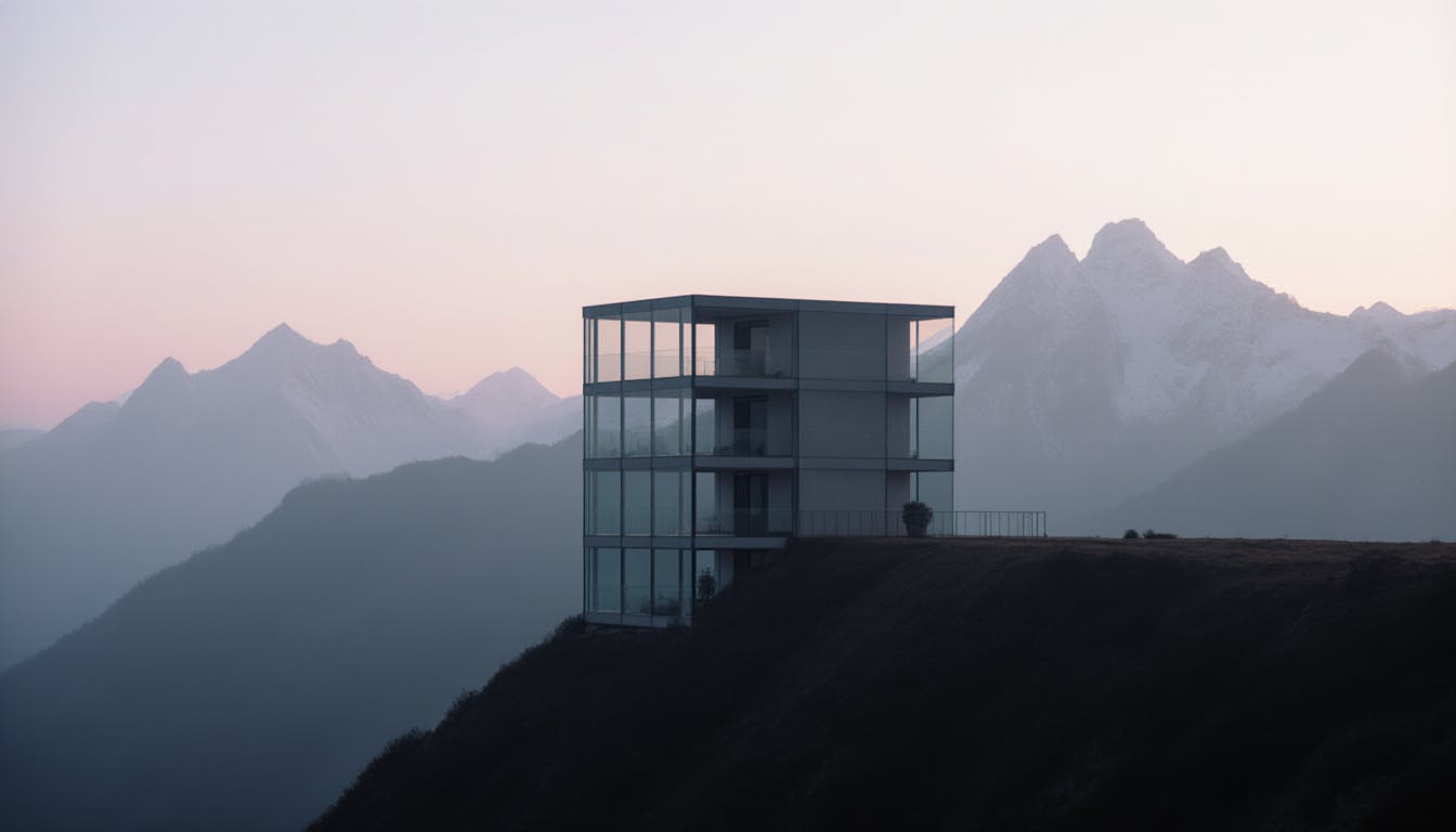 cinematic photograph generated with Flux Krea Dev in Fenestra of a modern glass facade architecture sitting in the swiss alps mountain range 
