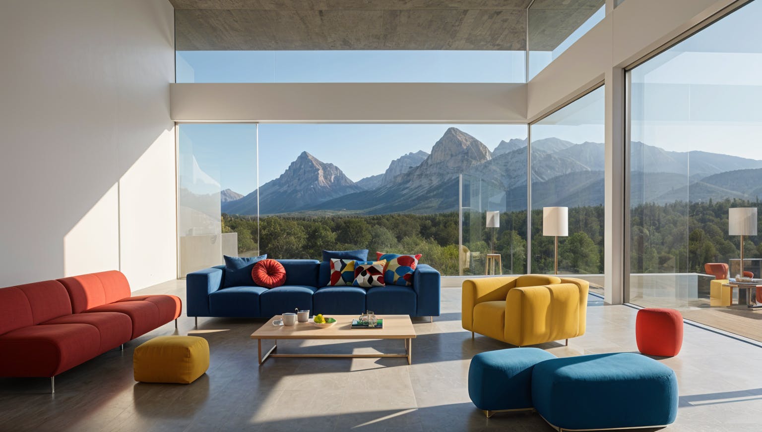 modern maximalist interior home with accent furniture and floor to ceiling windows showing the rocky mountain in the background, generated inside fenestra ai 