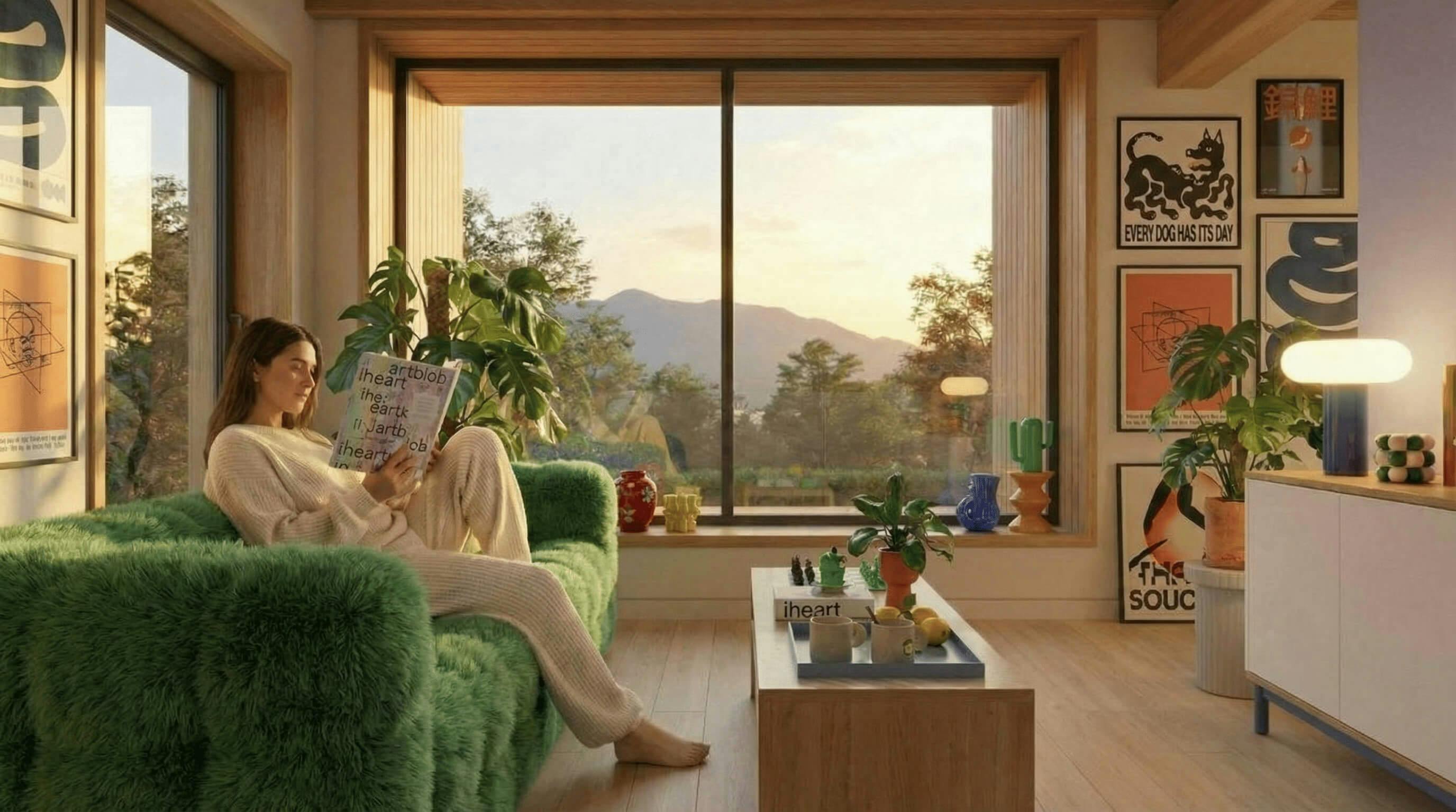 modern interior with fluffy green sofa, artwork on the wall and a woman reading iheartblob book generated with nano banana 2 using Fenestra 