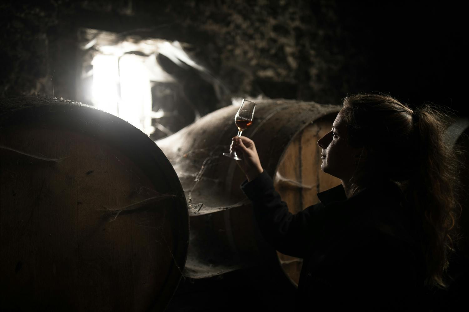 une femme observe le cognac au milieu de vieux fûts