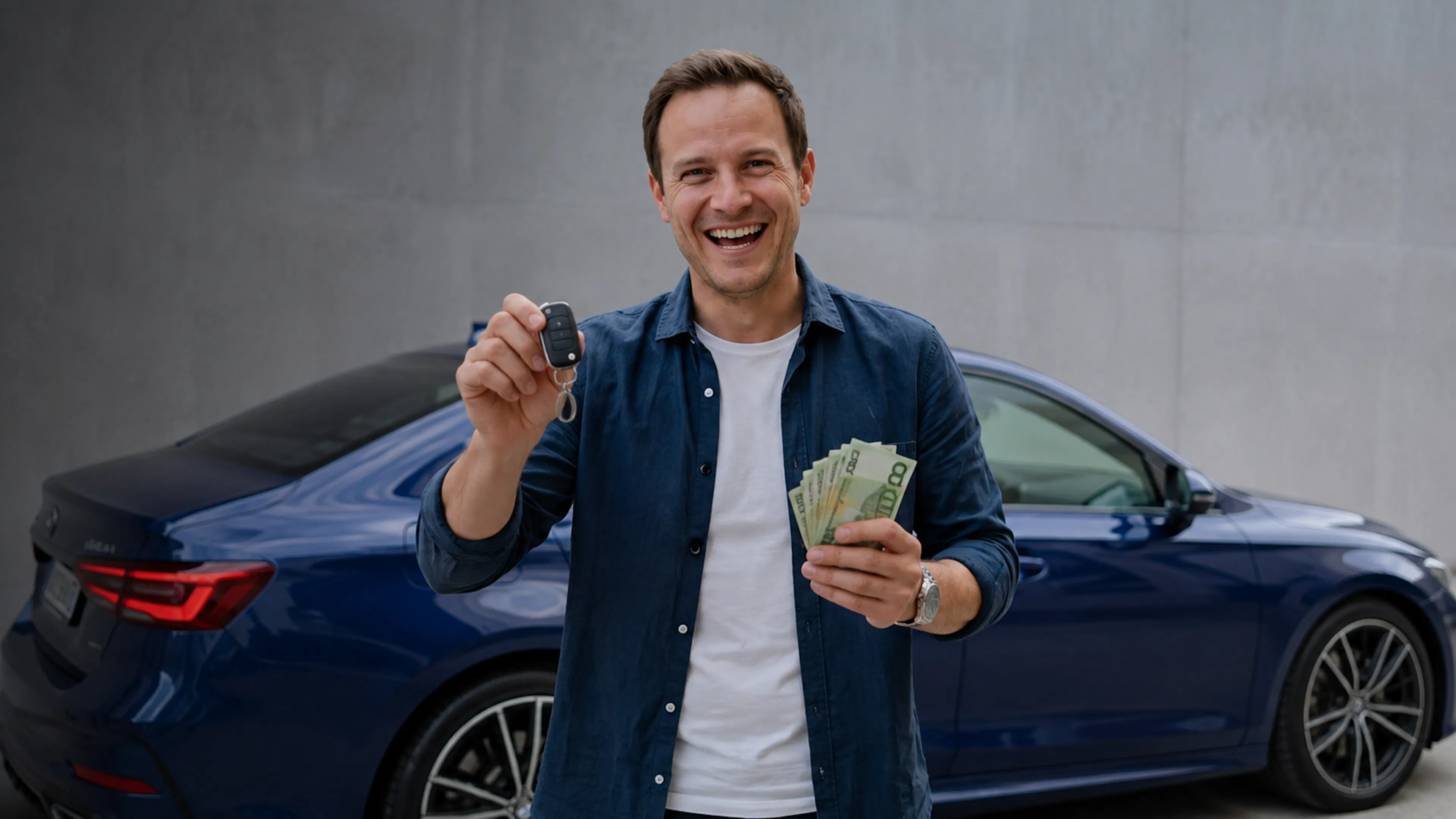 man mit schlüssel und geld in der hand