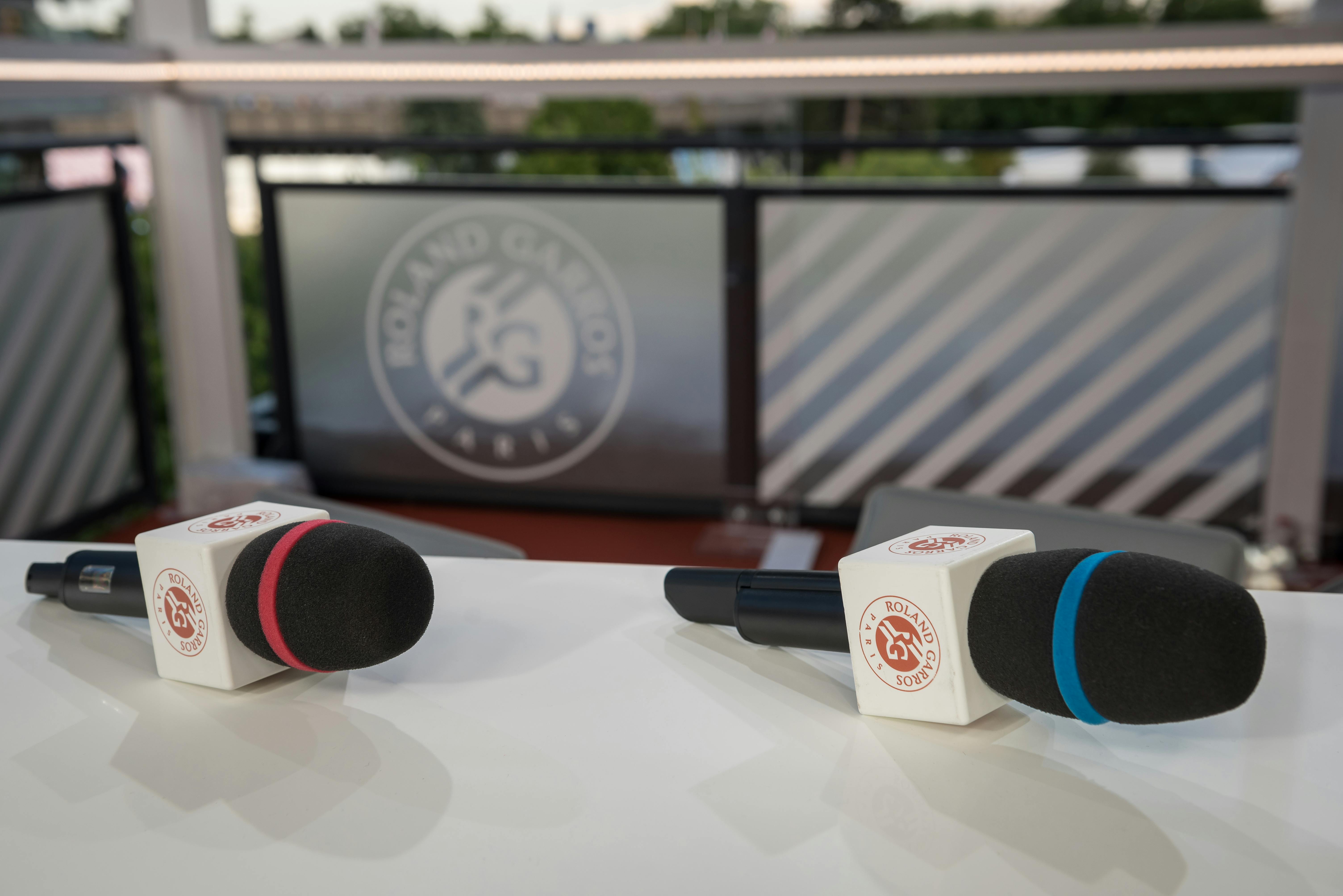 Microphones on the set of the Live at Roland-Garros show 2018