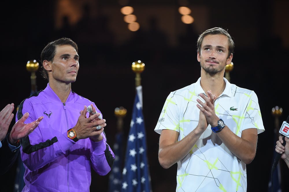 Daniil Medvedev and Rafael Nadal during the trophy presentation of the 2019 US Open