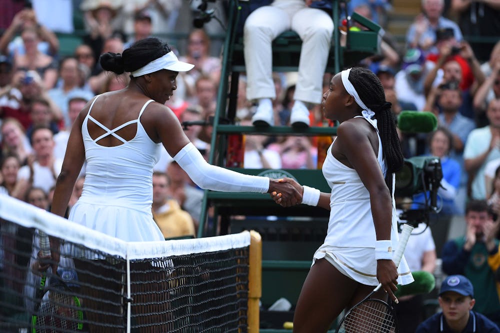 Handshake between Venus Williams and Cori Gauff at Wimbledon 2019