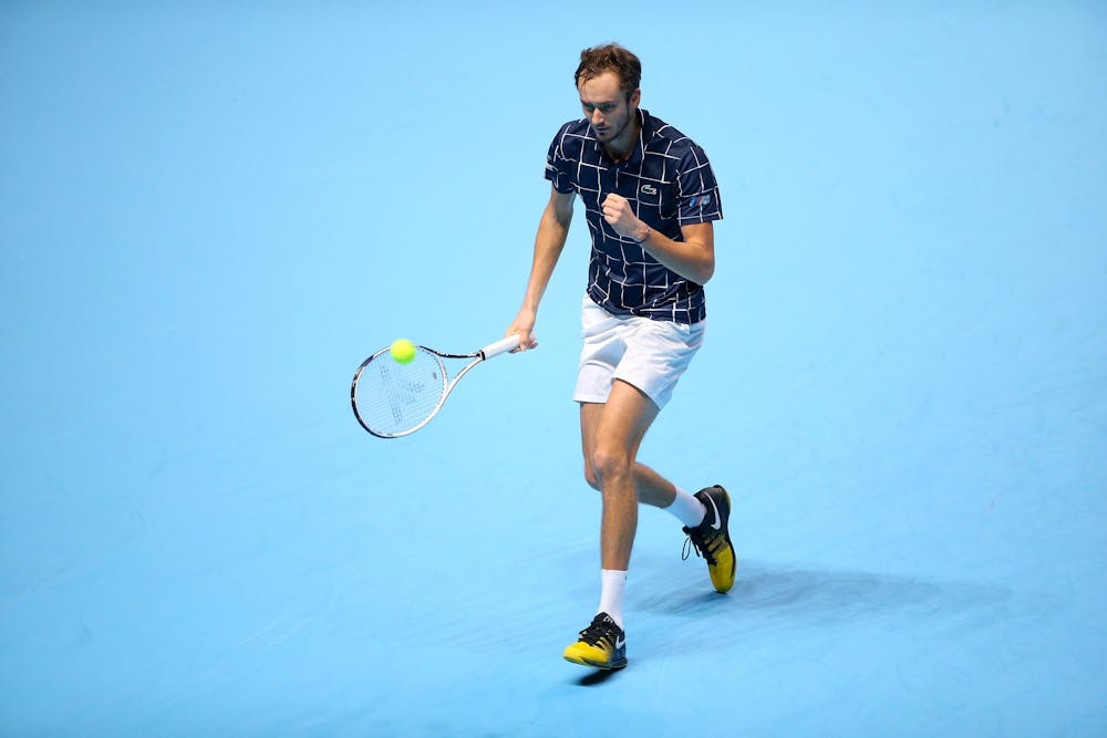 Daniil Medvedev celebrating during his round-robin match against Novak Djokovic at the ATP Finals 2020
