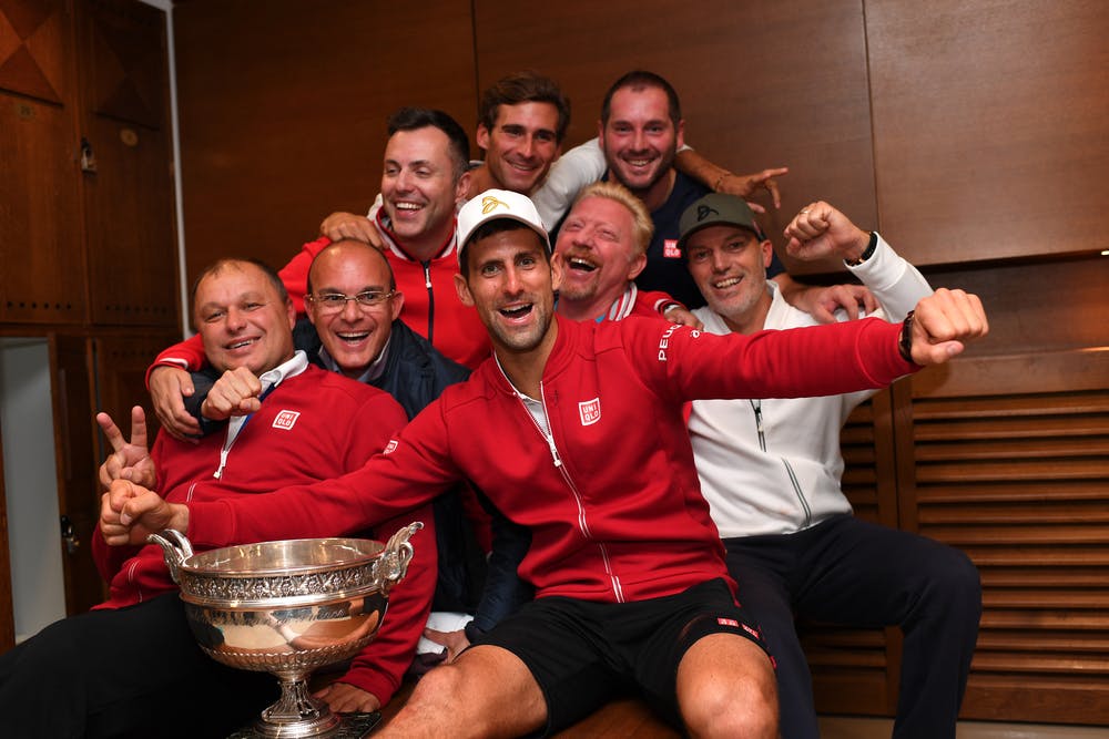 Novak Djokovic and his team in the locker after havinw won Roland-Garros 2016