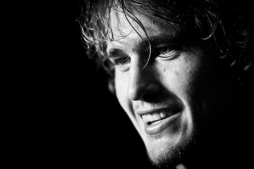Alexander Zverev all smile in black and white at the 2018 Rolex Paris Masters