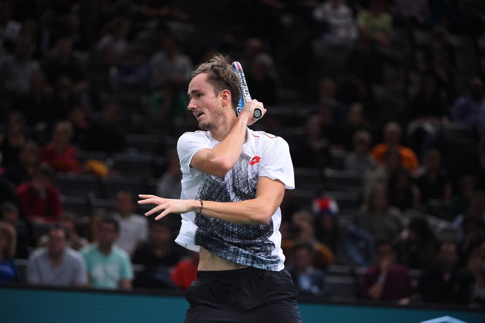 Daniil Medvedev hitting a forehand at the 2018 Rolex Paris Masters