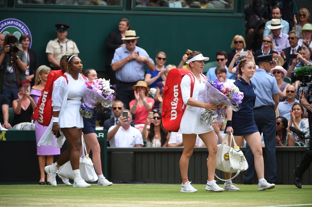 Serena Williams and Simona Haep walking on centre court ahead of Wimbledon 2019 final