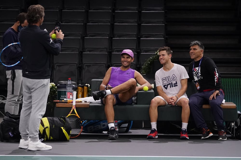 Rafael Nadal and Diego Schwartzman taking a picture together during the Rolex Paris MAsters 2020