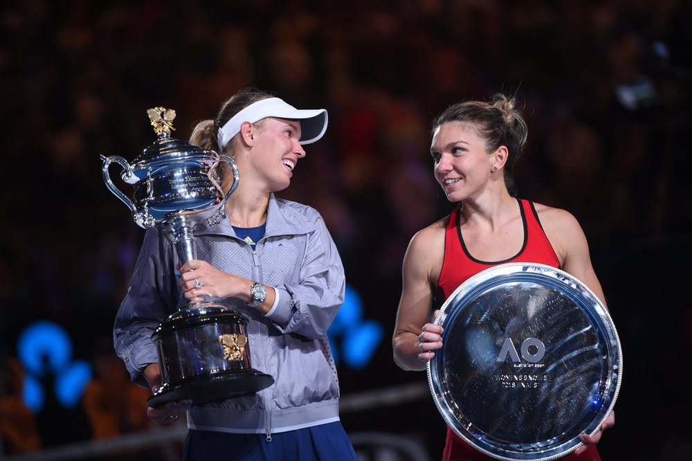 Simona Halep and Caroline  Wozniacki after the 2018 Australian Open final