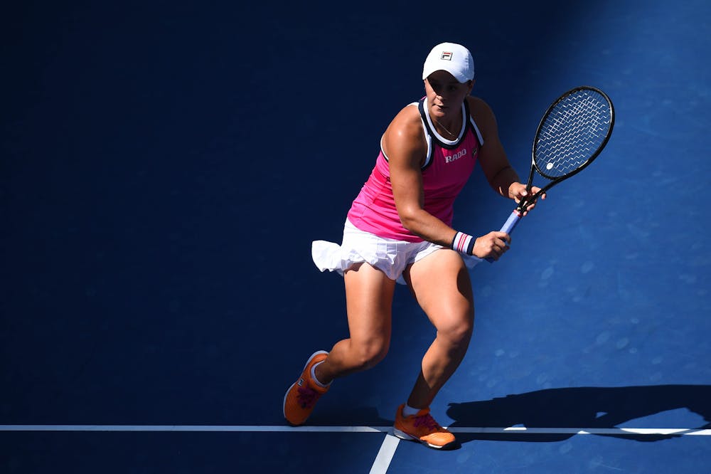 Ashleigh Barty volleying during her third round match at the 2019 US Open