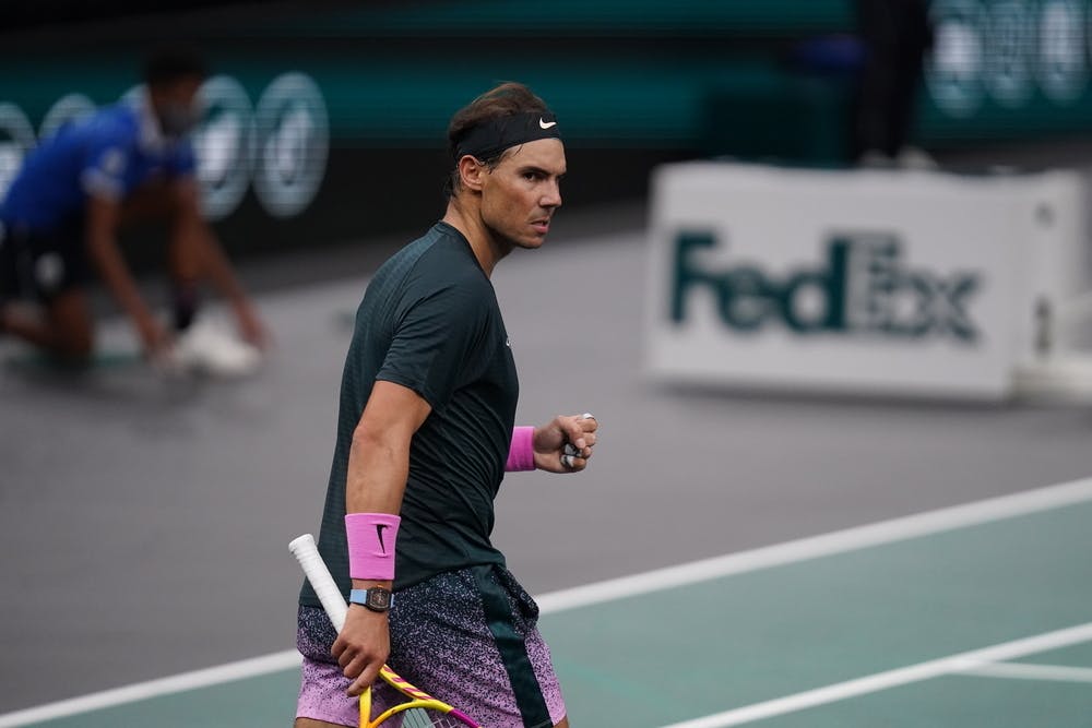Rafael Nadal fist pumping during his secound round match at the Rolex Paris Masters 2020
