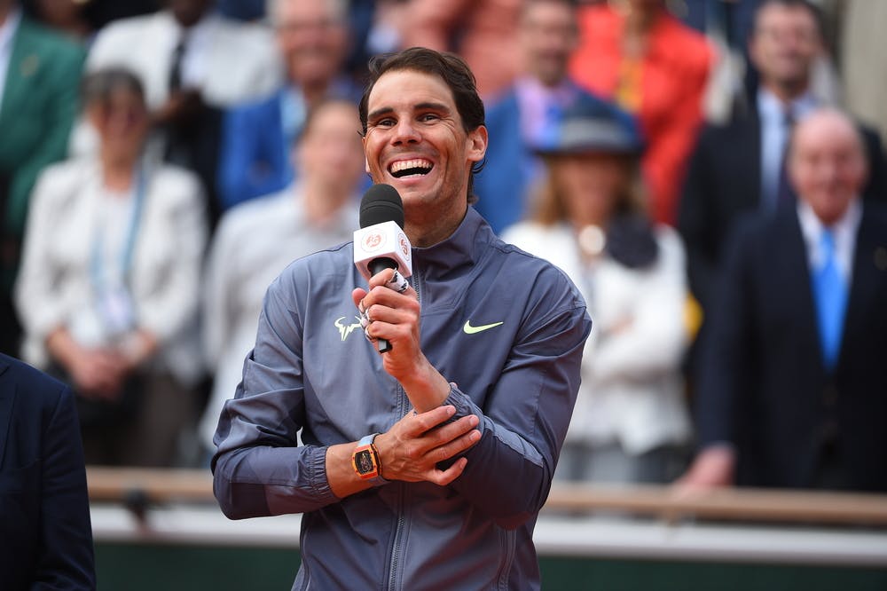 Rafael Nadal laughing during the trophy presentation Roland-Garros 2019