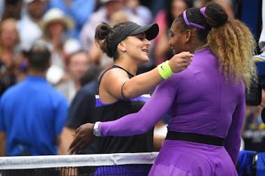 Serena Williams congratuling Bianca Andreescu at the net after the Canadian won the US Open 2019