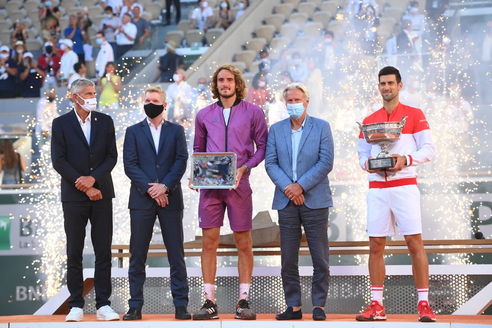 Gilles Moretton, Jim Courier, Stefanos Tsitsipas, Bjorn Borg, Novak Djokovic, Roland Garros 2021, trophy ceremony