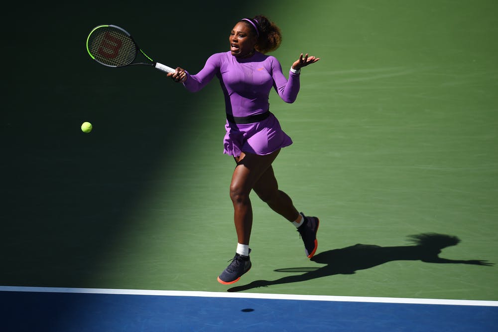 Serena Williams hitting a forehand during the 2019 US Open