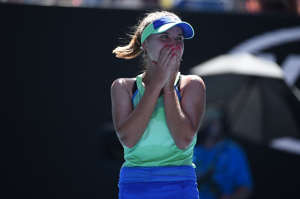 Sofia Kenin looking surprised at the 2020 Australian Open