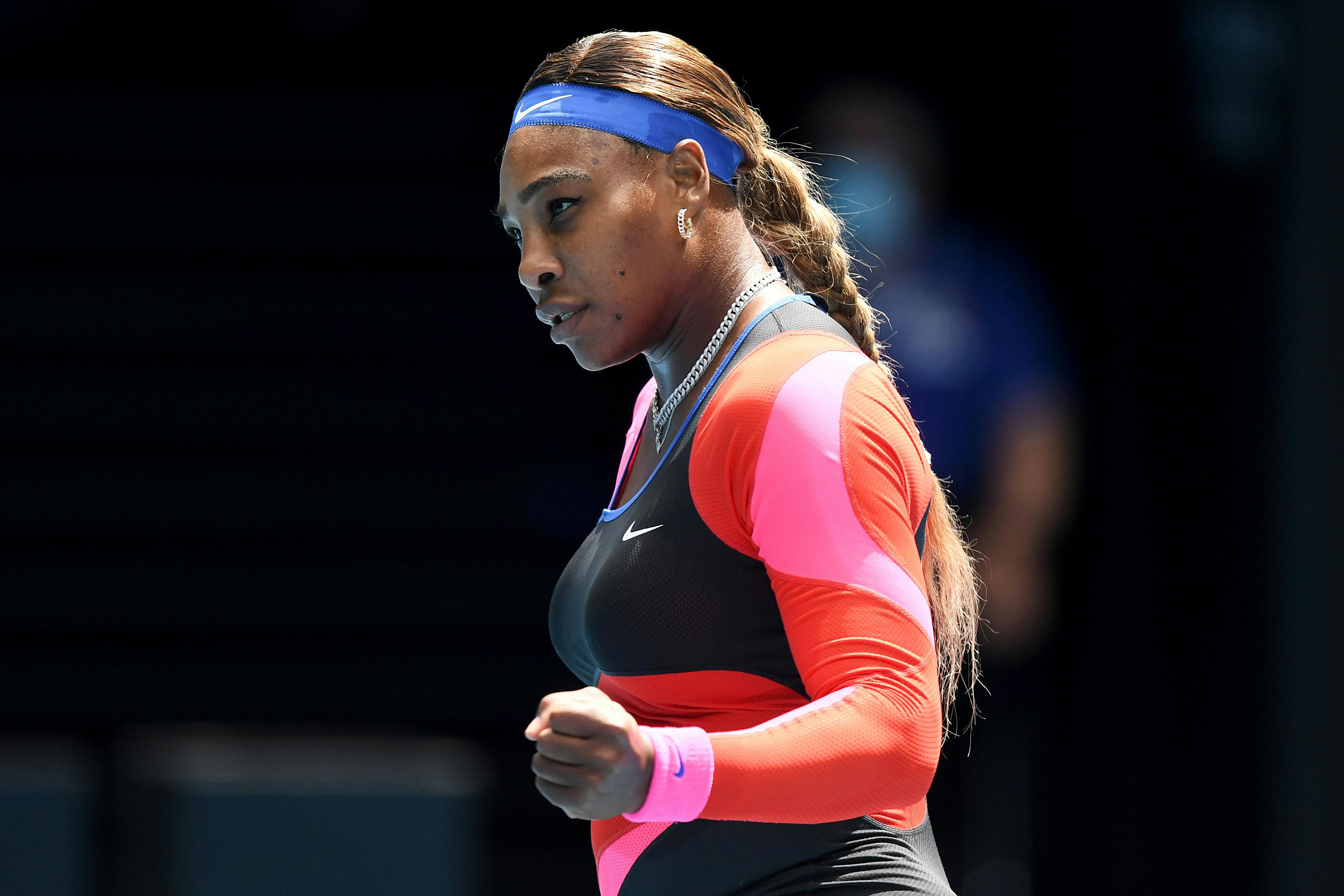 Serena Williams fist pumping during her match against Aryna Sabalenka at the 2021 Australian Open