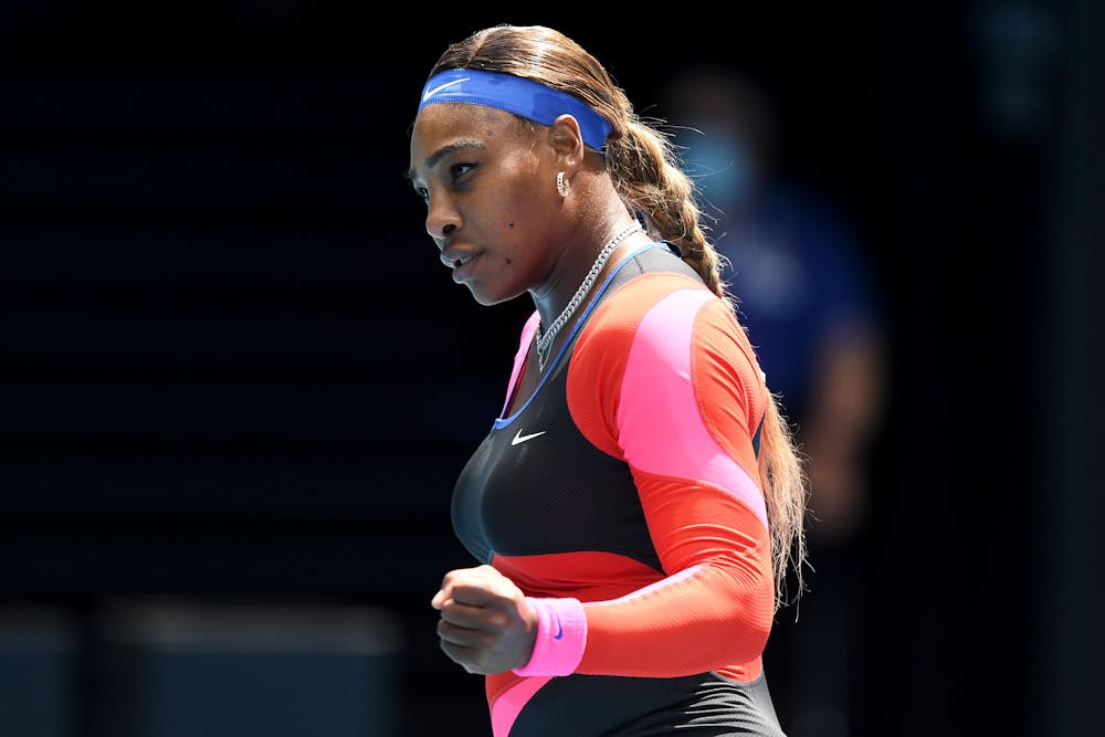 Serena Williams fist pumping during her match against Aryna Sabalenka at the 2021 Australian Open