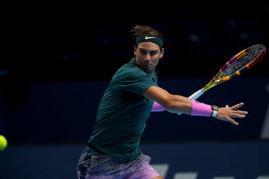 Rafael Nadal about to hit a forehand during his match against Stefanos Tsitsipas during the ATP Finals 2020