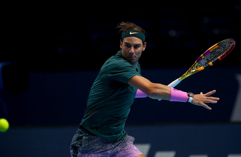 Rafael Nadal about to hit a forehand during his match against Stefanos Tsitsipas during the ATP Finals 2020