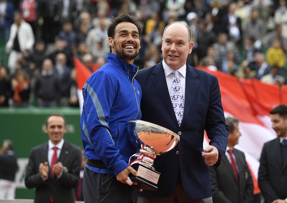 Fabio Fognini poses with his Rolex Monte-Carlo Masters 2019 trophy and Prince Albert of Monaco