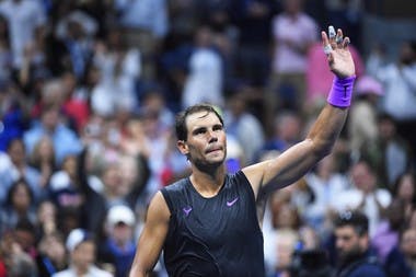 Rafael Nadal wawing to the crowd after his first round match at the 2019 US Open