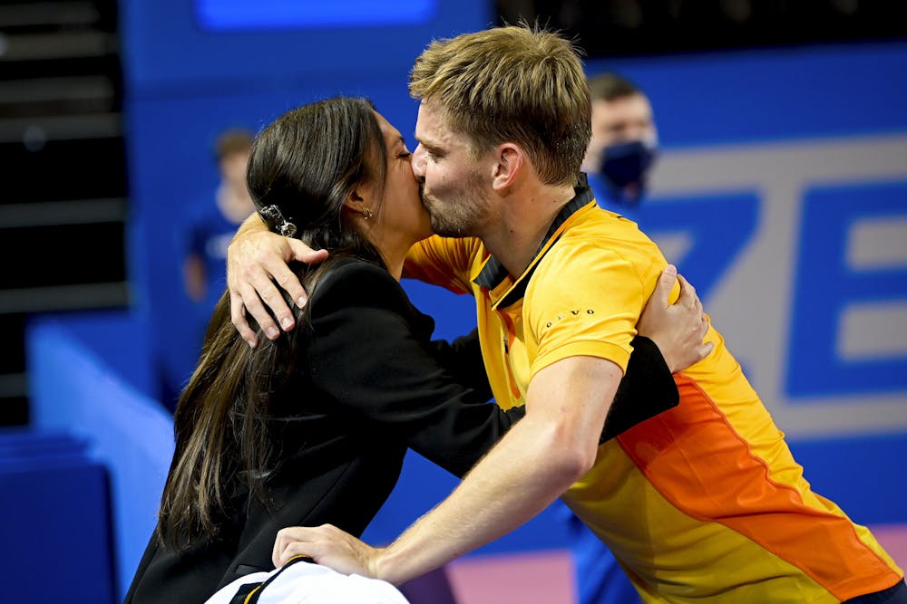 David Goffin kissing his girlfriend Stéphanie after having won the Open Sud de France 2021