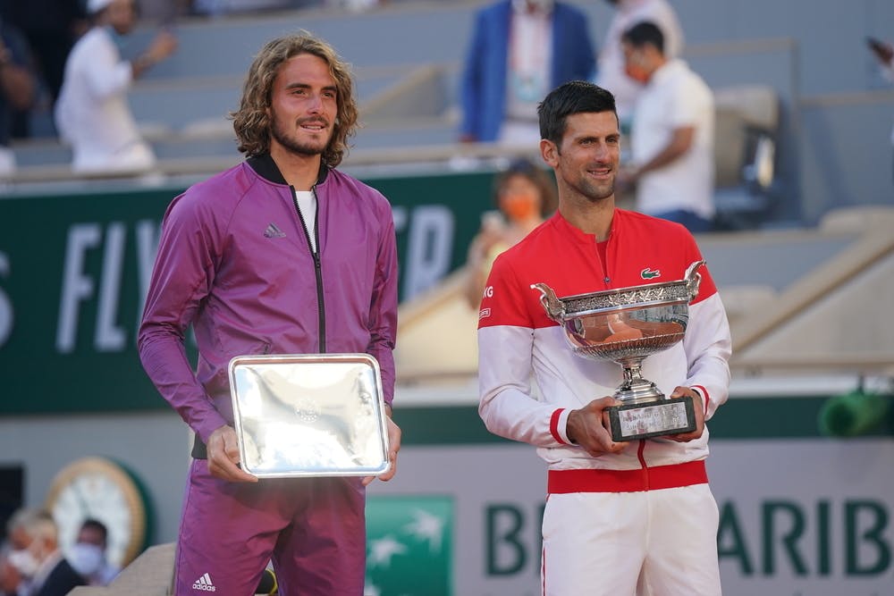 Novak Djokovic, Stefanos Tsitsipas, Roland Garros 2021, final trophies